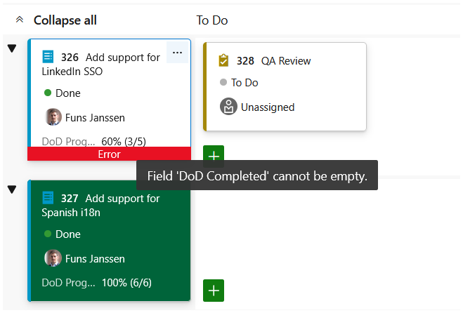 Board showing a blocked state transition with an error when the checklist is incomplete