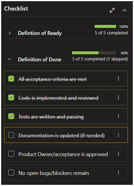Checklist in Azure DevOps dark theme with completed, skipped, and pending items