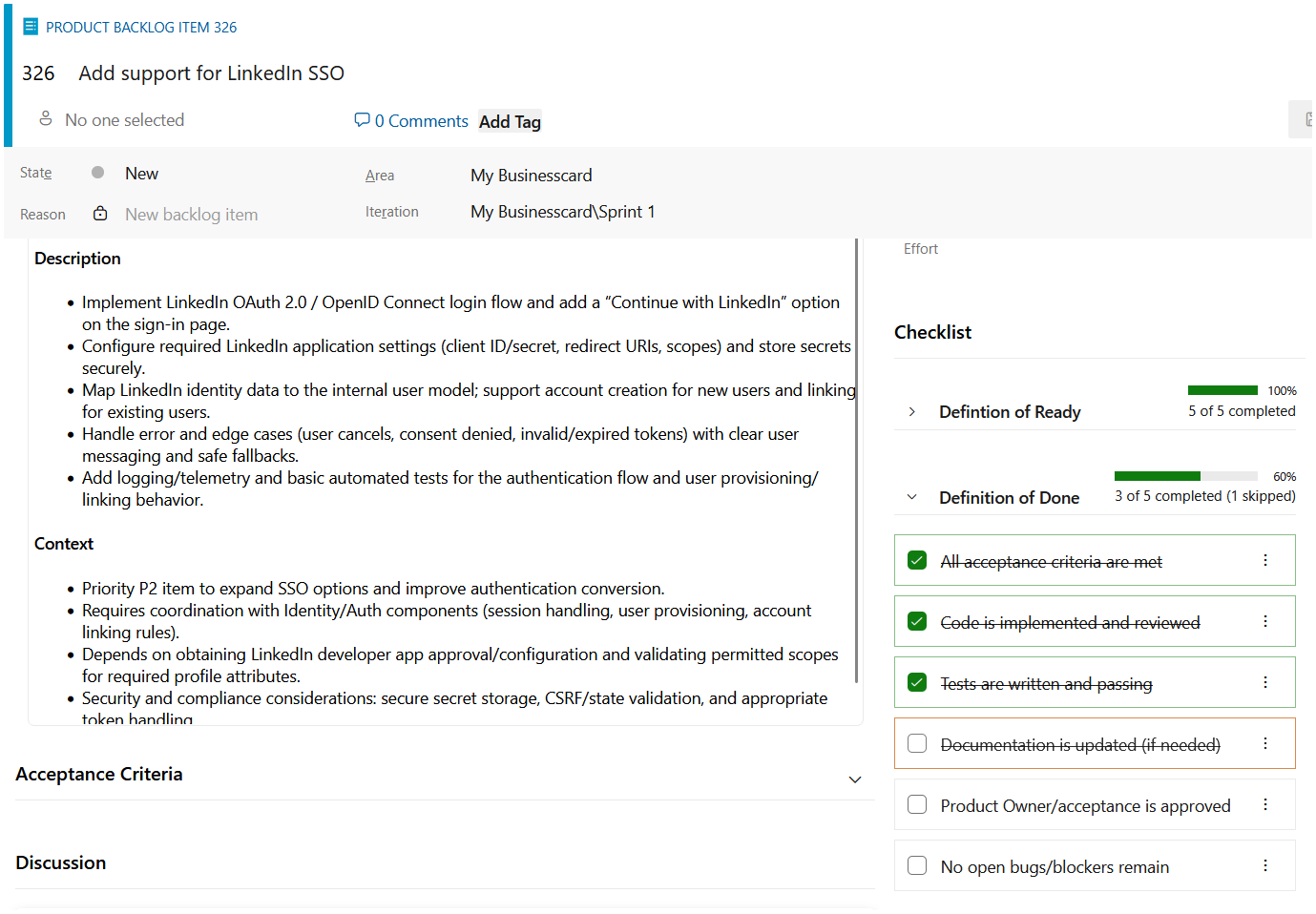 Work item form with two checklists showing progress and completed items