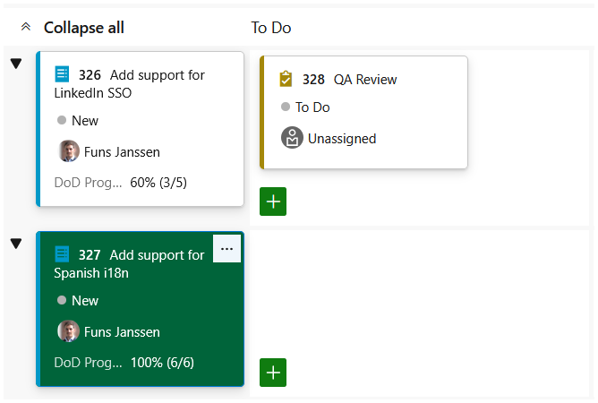 Azure DevOps board cards showing checklist progress percentage and completion count