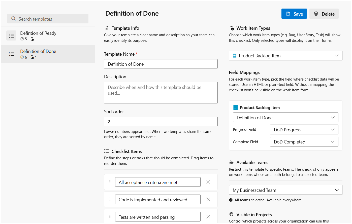 Template editor with checklist items, work item type scoping, field mappings, and team filtering